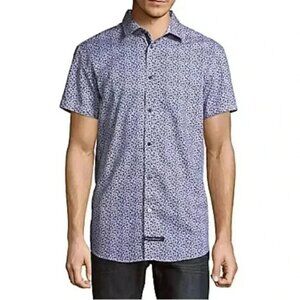 English Laundry Button Up Shirt Short Sleeve Stretch Fitted Casual Blue Medium